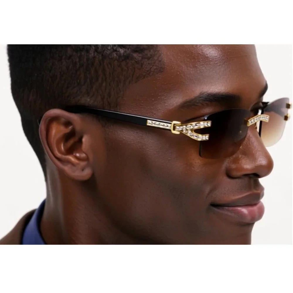 Rhinestone Sunglasses Rimless Buffs Brown Lens Fashion Shades Music Party Shades